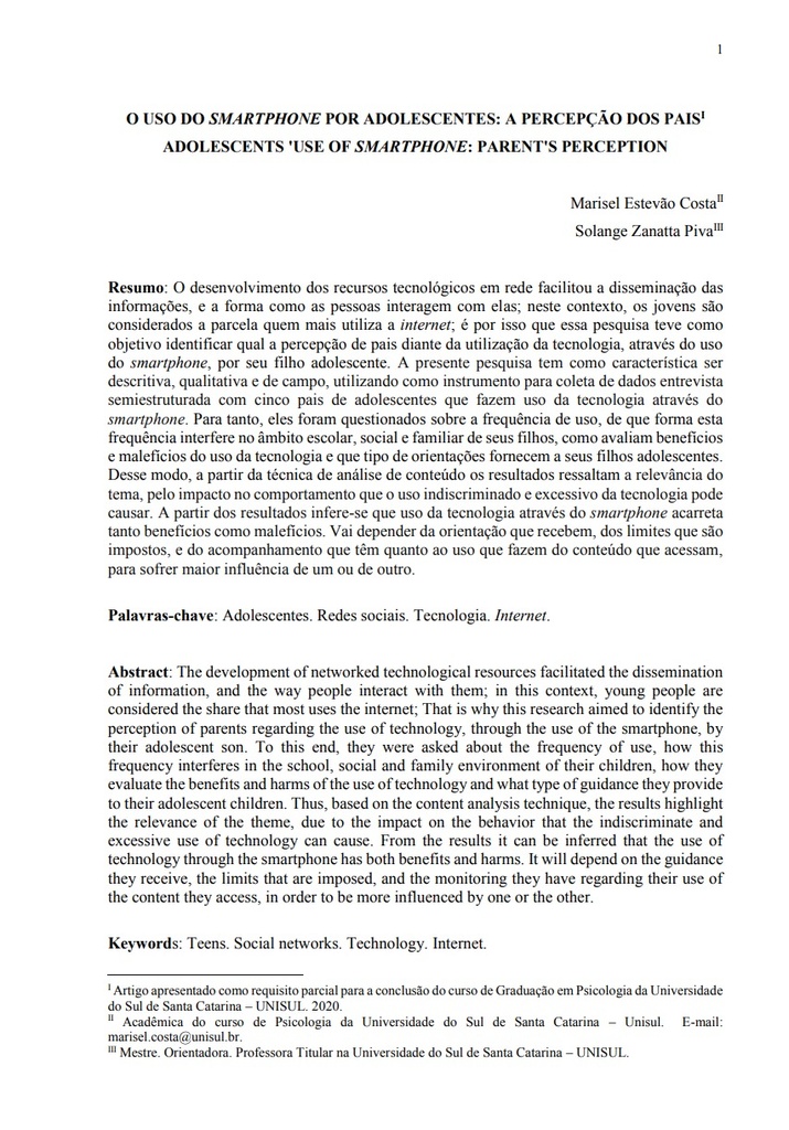 O uso do smartphone por adolescentes: a percepção dos pais