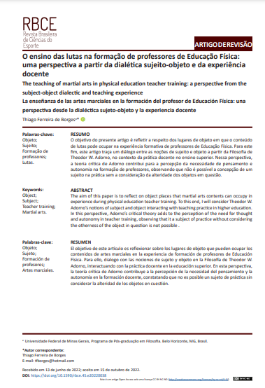 O ensino das lutas na formação de professores de Educação Física: uma perspectiva a partir da dialética sujeito-objeto e da experiência docente