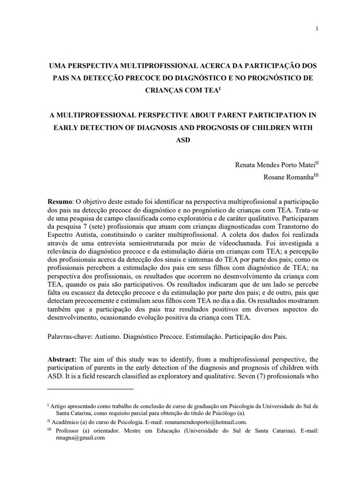 Uma perspectiva multiprofissional acerca da participação dos pais na detecção precoce do diagnóstico e no prognóstico de crianças com TEA