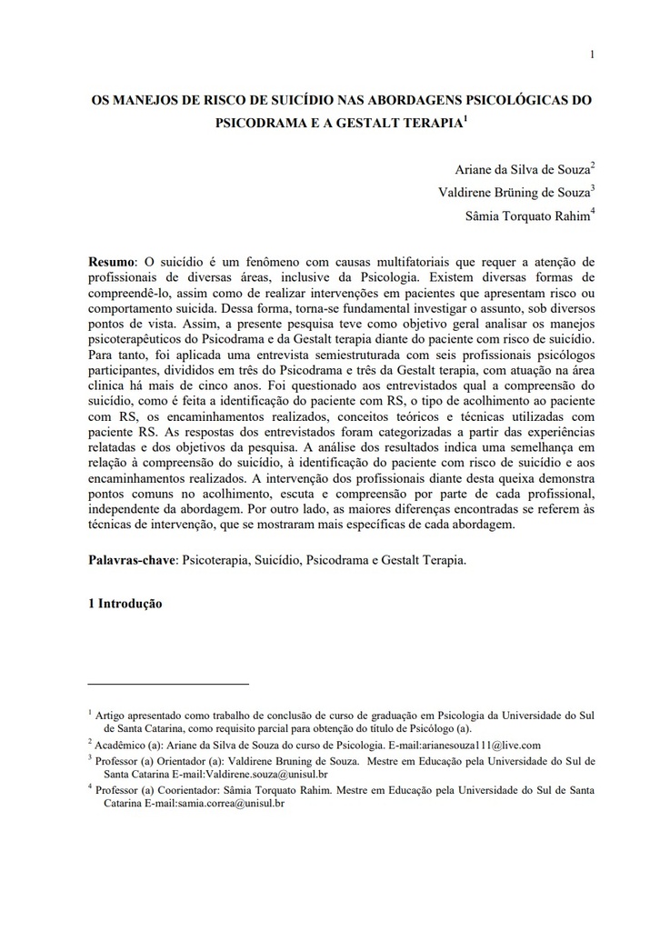 Os manejos de risco de suicídio nas abordagens psicológicas do psicodrama e a Gestalt Terapia