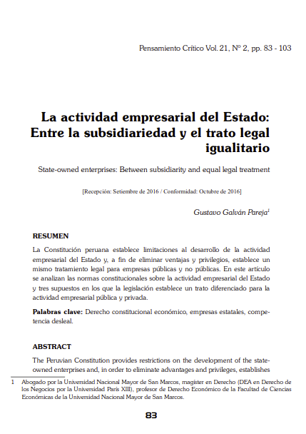 La actividad empresarial del Estado: Entre la subsidiariedad y el trato legal igualitario