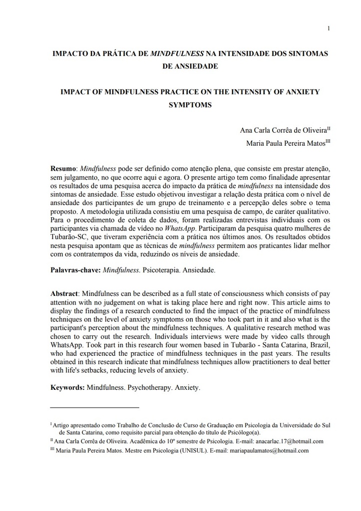 Impacto da prática de mindfulness na intensidade dos sintomas de ansiedade