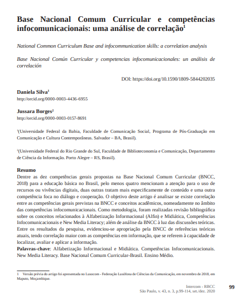 Base Nacional Comum Curricular e competências infocomunicacionais: uma análise de correlação