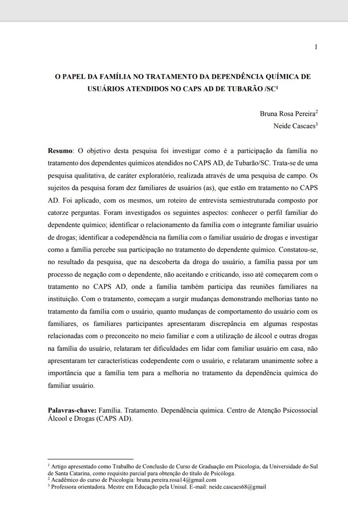 O papel da família no tratamento da dependência química de usuários atendidos no CAPS AD de Tubarão /SC