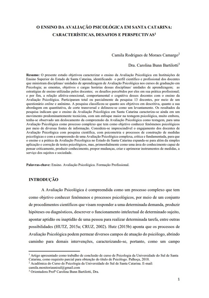 O ensino da avaliação psicológica em Santa Catarina: características, desafios e perspectivas