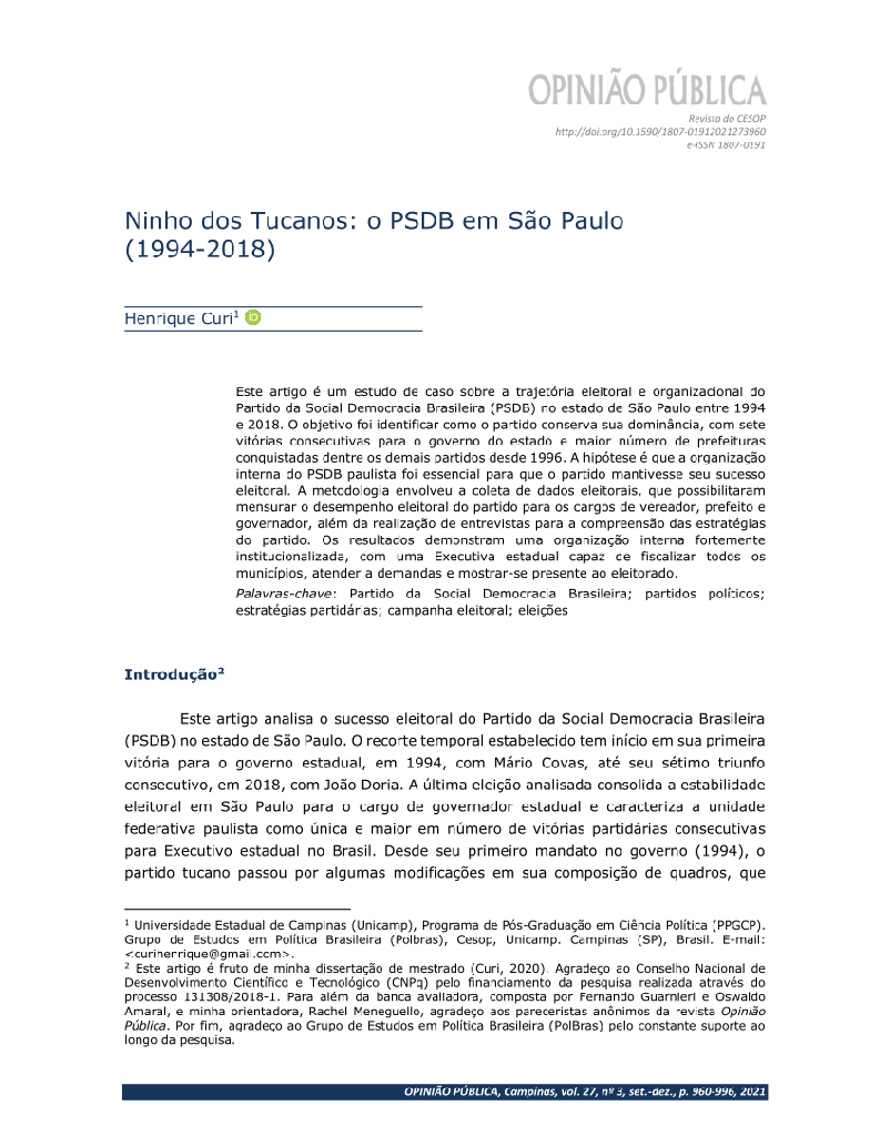 Ninho dos Tucanos: o PSDB em São Paulo (1994-2018)