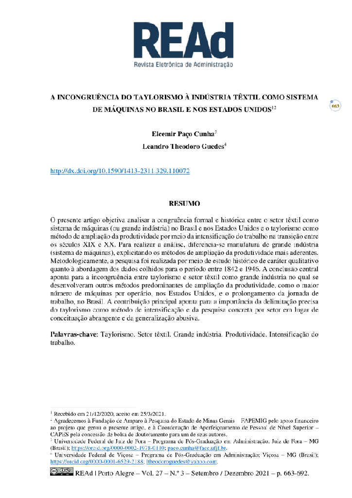 A INCONGRUÊNCIA DO TAYLORISMO À INDÚSTRIA TÊXTIL COMO SISTEMA DE MÁQUINAS NO BRASIL E NOS ESTADOS UNIDOS