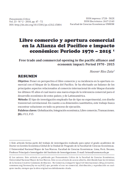 Libre comercio y apertura comercial en la Alianza del Pacífico e impacto económico: Periodo 1970 - 2015