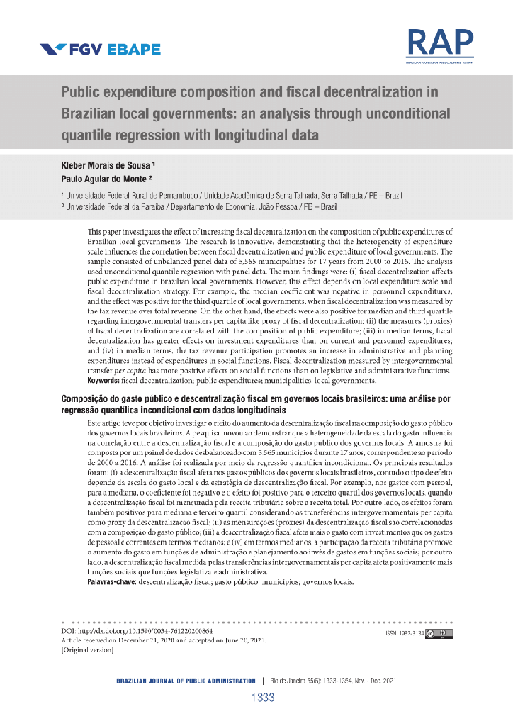 Public expenditure composition and fiscal decentralization in Brazilian local governments: an analysis through unconditional quantile regression with longitudinal data