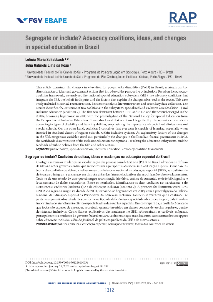 Segregar ou incluir? Coalizões de defesa, ideias e mudanças na educação especial do Brasil