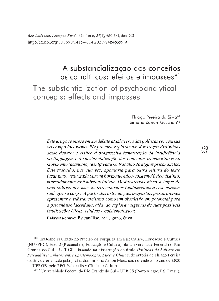 A substancialização dos conceitos psicanalíticos: efeitos e impasses