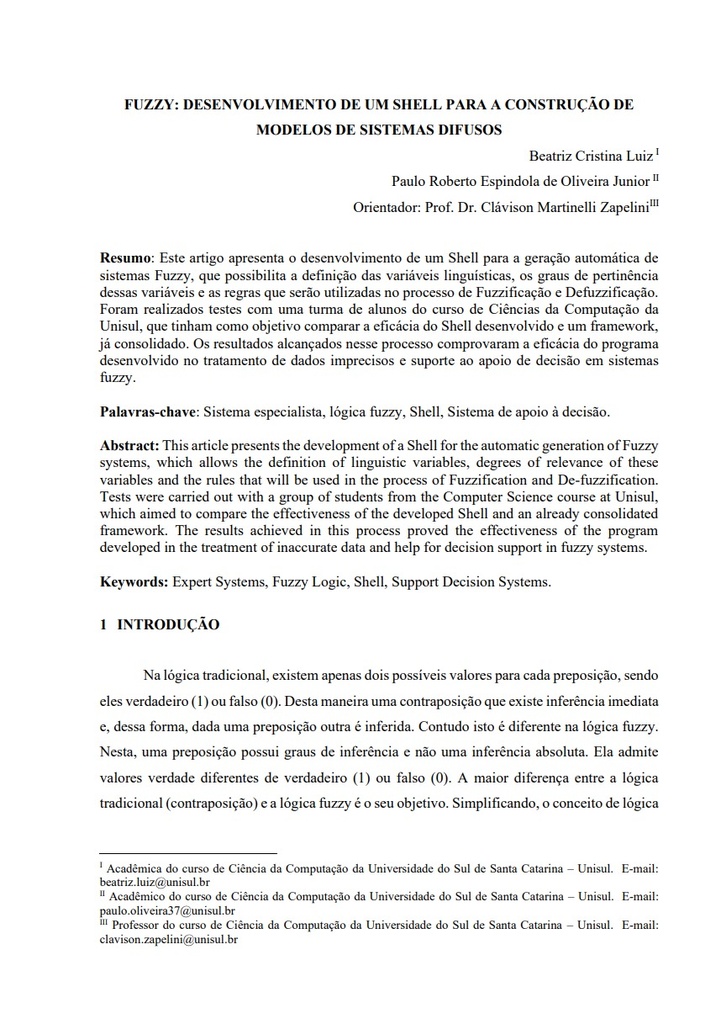 Fuzzy: desenvolvimento de um shell para a construção de modelos de sistemas difusos