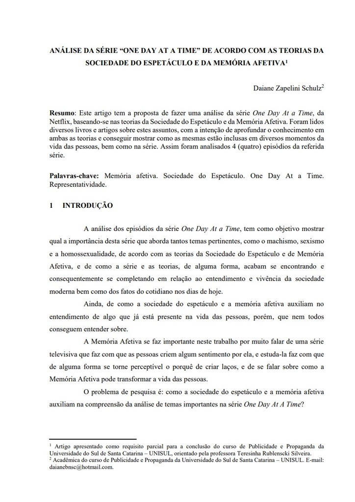 Análise da série “One day at a time” de acordo com as teorias da sociedade do espetáculo e da memória afetiva