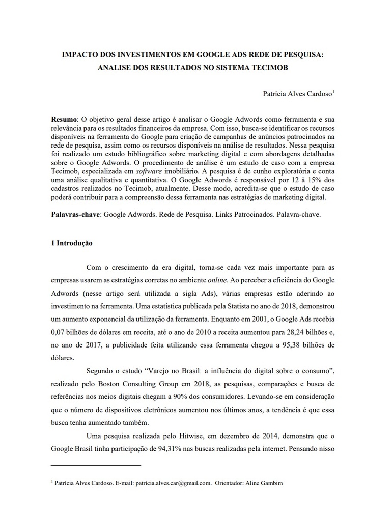 Impacto dos investimentos em GOOGLE ADS rede de pesquisa: analise dos resultados no sistema TECIMOB