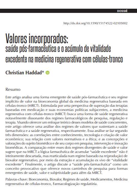 Valores incorporados: saúde pós-farmacêutica e o acúmulo de vitalidade excedente na medicina regenerativa com células-tronco