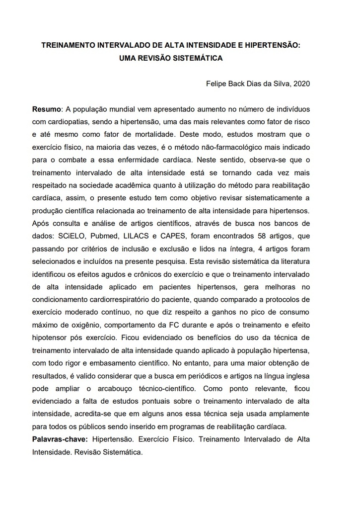 Treinamento intervalado de alta intensidade e hipertensão: uma revisão sistemática