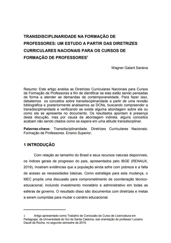 Transdisciplinaridade na formação de professores: um estudo a partir das diretrizes curriculares nacionais para os cursos de formação de professores