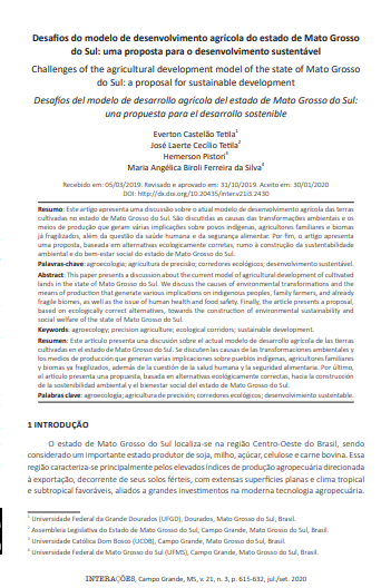 Desafios do modelo de desenvolvimento agrícola do estado de Mato Grosso do Sul: uma proposta para o desenvolvimento sustentável