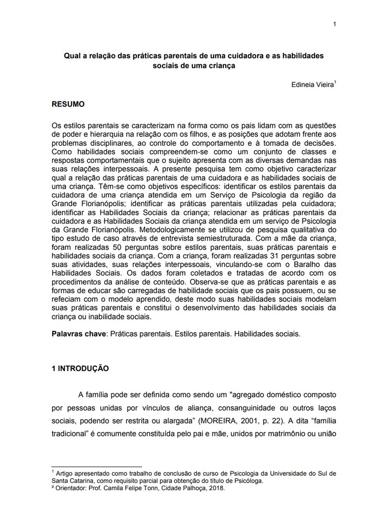 Qual a relação das práticas parentais de uma cuidadora e as habilidades sociais de uma criança