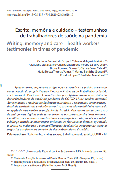Escrita, memória e cuidado - testemunhos de trabalhadores de saúde na pandemia