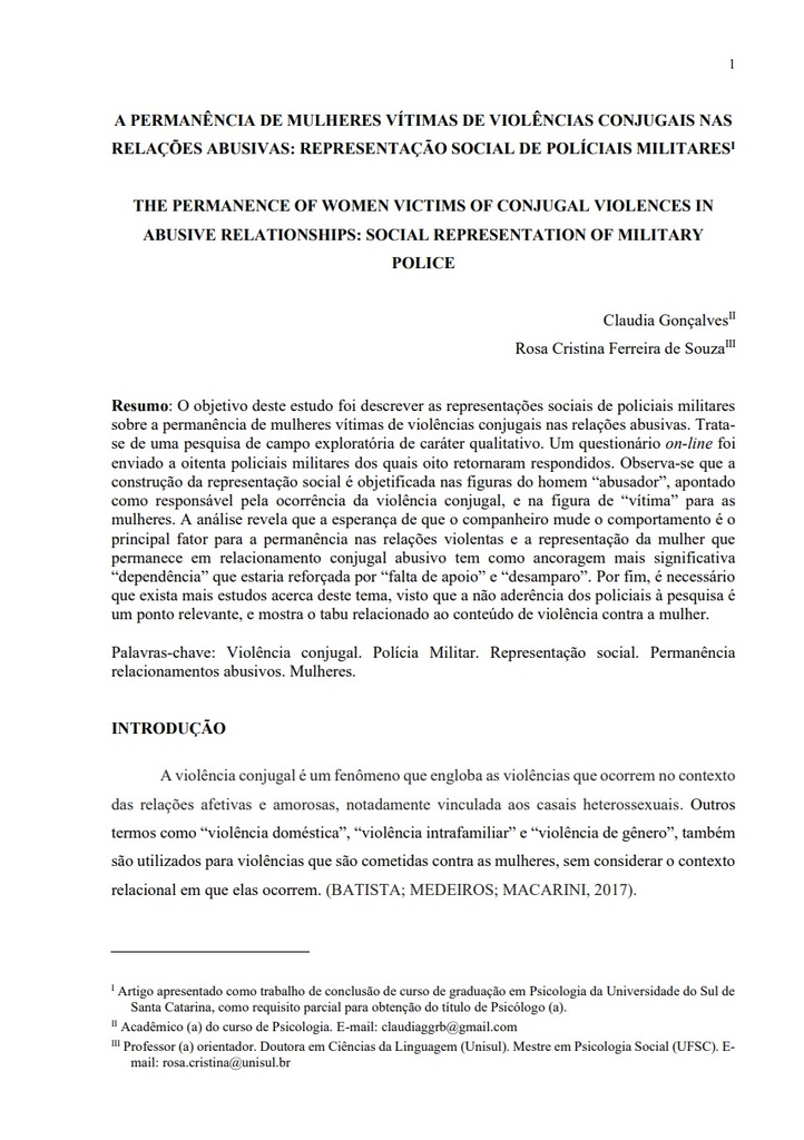 A Permanência de mulheres vítimas de violências conjugais nas relações abusivas: Representação social de Policiais Militares
