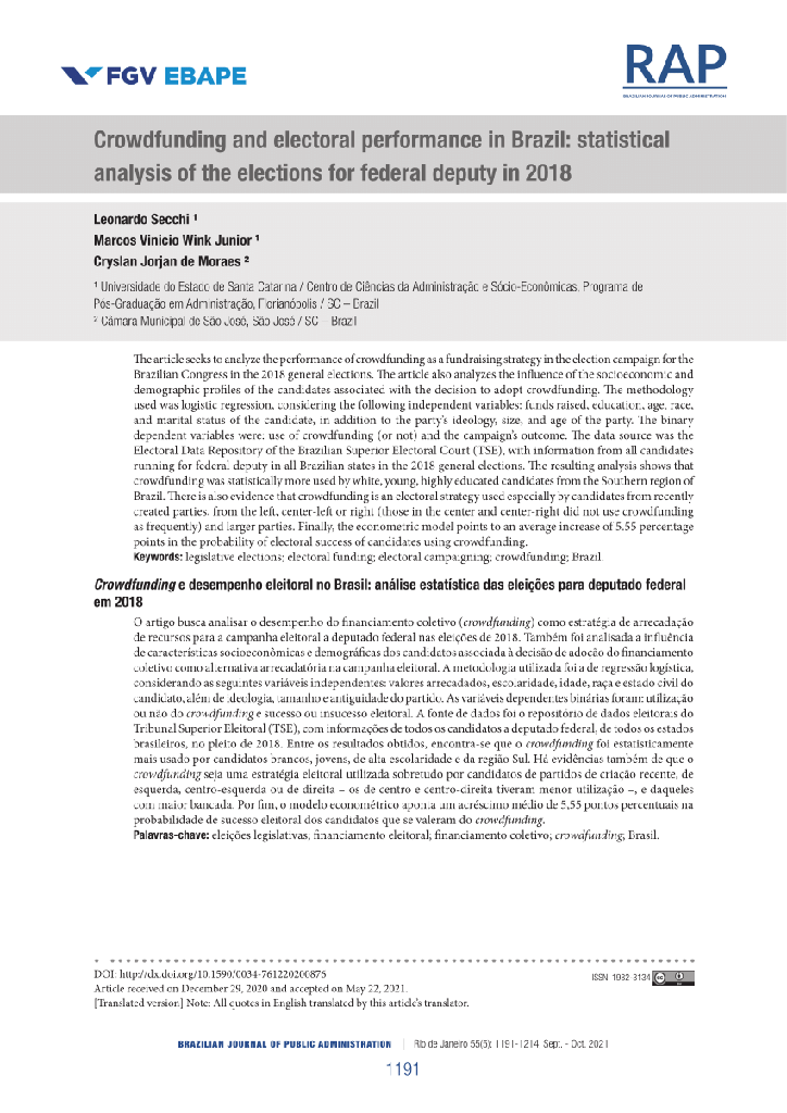 Crowdfunding e desempenho eleitoral no Brasil: análise estatística das eleições para deputado federal em 2018