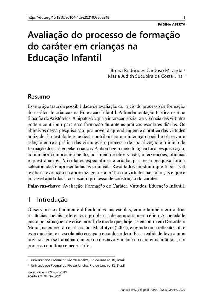 Avaliação do processo de formação do caráter em crianças na Educação Infantil