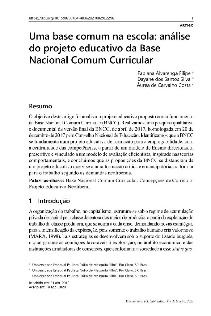 Uma base comum na escola: análise do projeto educativo da Base Nacional Comum Curricular