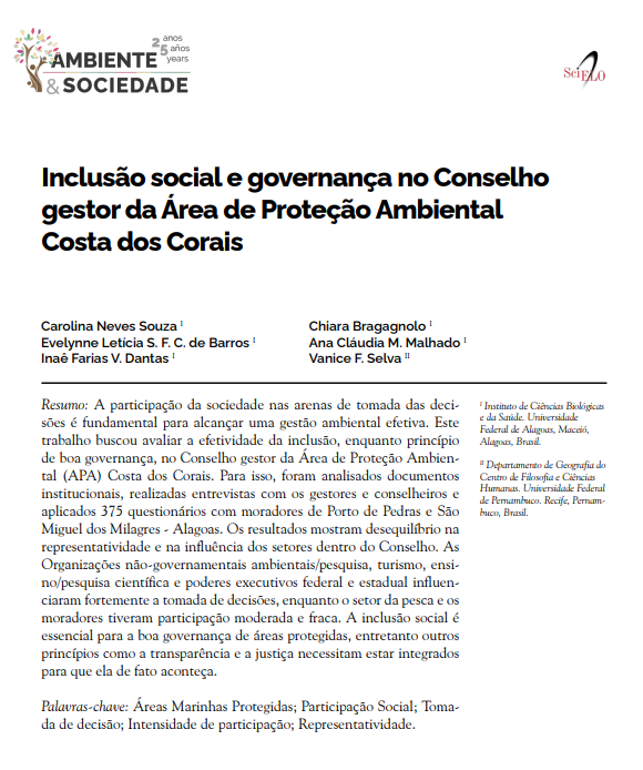 Inclusão social e governança no Conselho gestor da Área de Proteção Ambiental Costa dos Corais