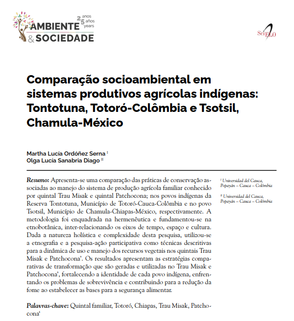 Comparação socioambiental em sistemas produtivos agrícolas indígenas: Tontotuna, Totoró-Colômbia e Tsotsil, Chamula-México