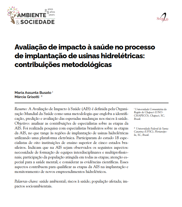 Avaliação de impacto à saúde no processo de implantação de usinas hidrelétricas: contribuições metodológicas