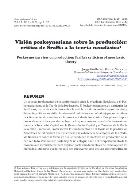 Visión poskeynesiana sobre la producción: critica de Sraffa a la teoría neoclásica