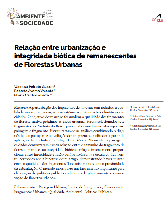 Relação entre urbanização e integridade biótica de remanescentes de Florestas Urbanas
