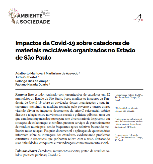 Impactos da Covid-19 sobre catadores de materiais recicláveis organizados no Estado de São Paulo