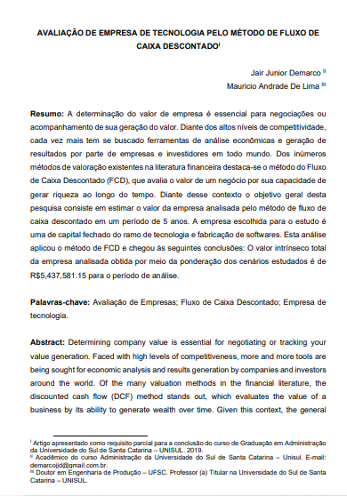 Avaliação de empresa de tecnologia pelo método de fluxo de caixa descontado