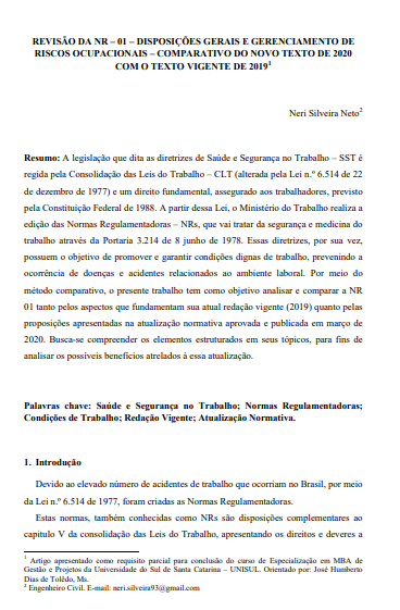 Revisão da NR – 01 – disposições gerais e gerenciamento de riscos ocupacionais – comparativo do novo texto de 2020 com o texto vigente de 2019