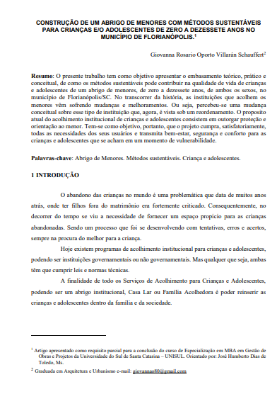 Construção de um abrigo de menores com métodos sustentáveis para crianças e/o adolescentes de zero a dezessete anos no município de Florianópolis