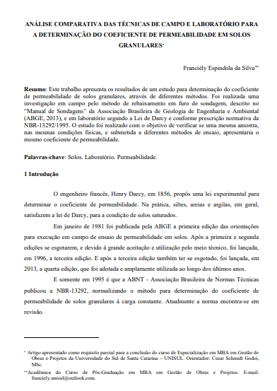 Análise comparativa das técnicas de campo e laboratório para a determinação do coeficiente de permeabilidade em solos granulares