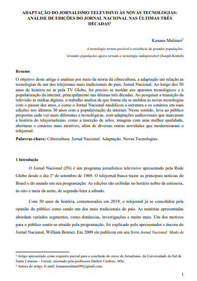 Adaptação do jornalismo televisivo às novas tecnologias: análise de edições do jornal nacional nas últimas três décadas