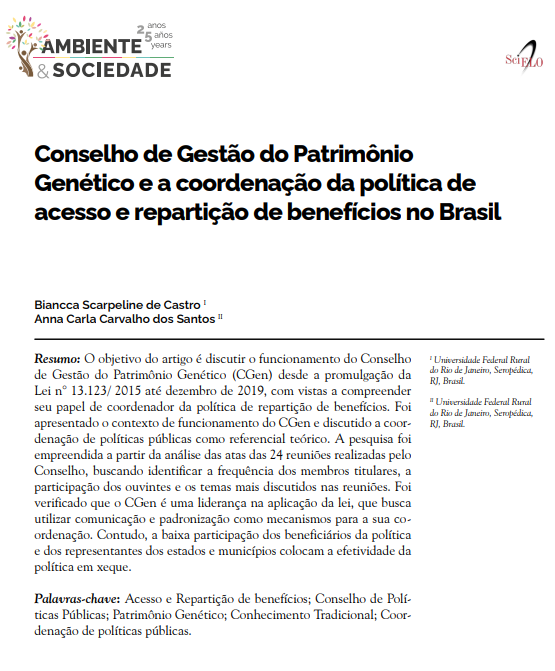 Conselho de Gestão do Patrimônio Genético e a coordenação da política de acesso e repartição de benefícios no Brasil