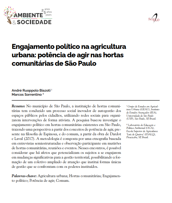 Engajamento político na agricultura urbana: potência de agir nas hortas comunitárias de São Paulo