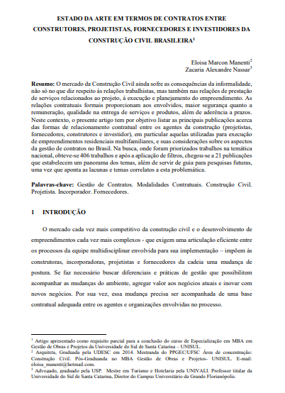 Estado da arte em termos de contratos entre construtores, projetistas, fornecedores e investidores da construção civil brasileira