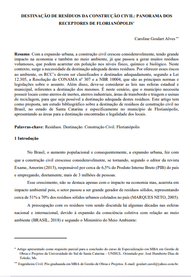 Destinação de resíduos da construção civil: panorama dos receptores de Florianópolis