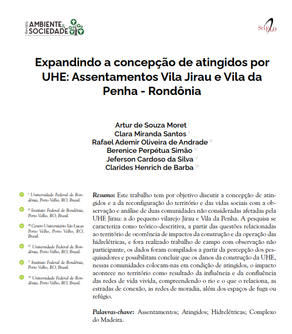 Expandindo a concepção de atingidos por UHE: Assentamentos Vila Jirau e Vila da Penha - Rondônia