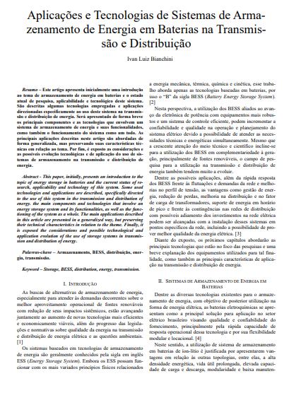 Aplicações e Tecnologias d e Sistemas de Armazenamento de Energia em Baterias na Transmissão e Distribuição