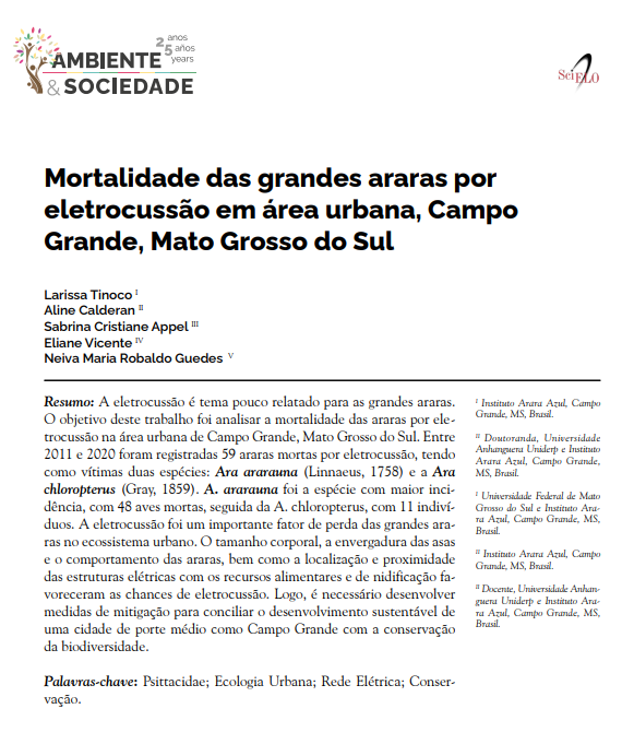 Mortalidade das grandes araras por eletrocussão em área urbana, Campo Grande, Mato Grosso do Sul