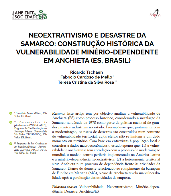 NEOEXTRATIVISMO E DESASTRE DA SAMARCO: CONSTRUÇÃO HISTÓRICA DA VULNERABILIDADE MINÉRIO-DEPENDENTE EM ANCHIETA (ES, BRASIL)