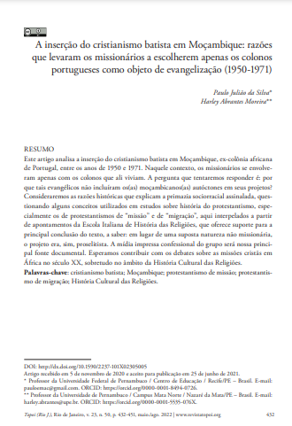 A inserção do cristianismo batista em Moçambique: razões que levaram os missionários a escolherem apenas os colonos portugueses como objeto de evangelização (1950-1971)