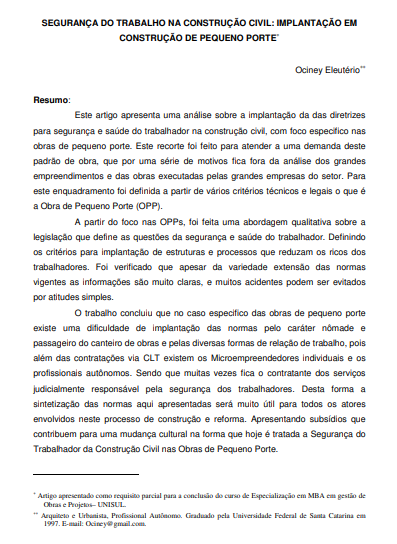 Segurança do trabalho na construção civil: implantação em construção de pequeno porte