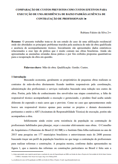 Comparação de custos previstos com custos efetivos para execução de uma residência de baixo padrão:ausência de contratação de profissionais